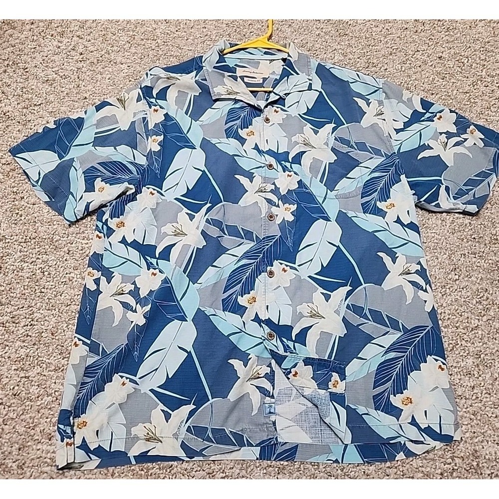TOMMY BAHAMA Button‎ WHITE HIBISCUS ARNOTTIANUS 100% SILK HAWAIIAN SHIRT XL